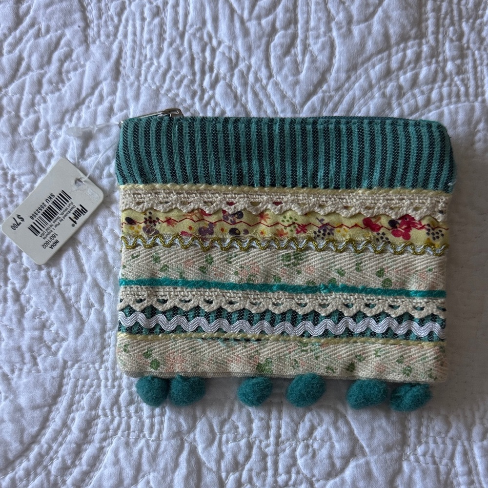 Pier 1 Teal and Cream Striped Zipper Pouch with Pom Poms